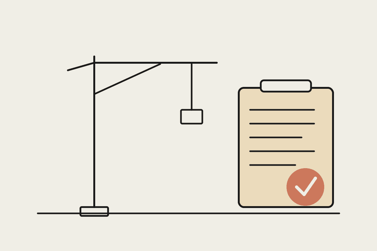 Line illustration of a construction crane beside a claim document stamped with a terracotta approval tick