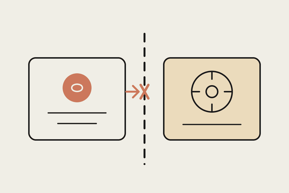 Line illustration of a conversational assistant panel on one side and a control system dial on the other, separated by a dashed boundary with a terracotta arrow crossing it and being blocked.