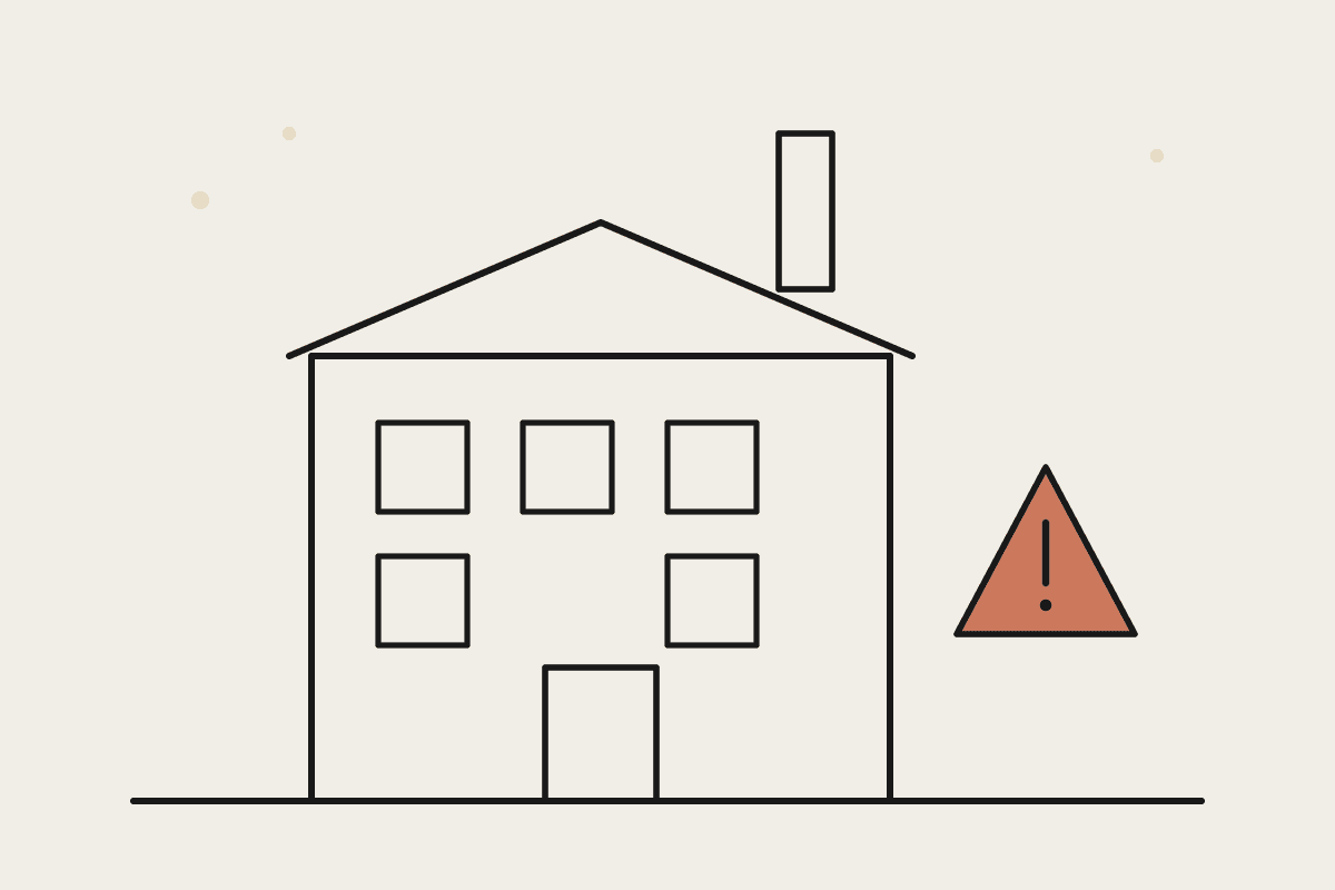 Line illustration of a dark, unlit factory building beside a terracotta warning triangle, symbolising the risk of unattended agentic software delivery.