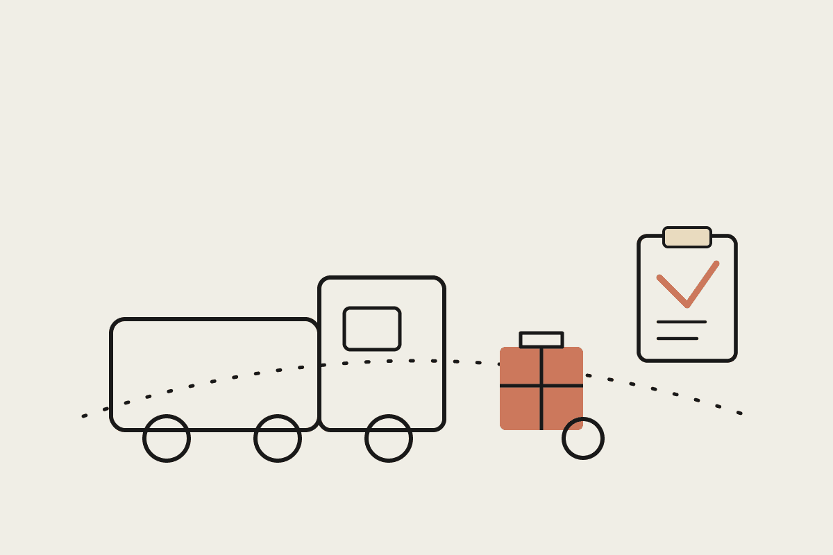 Line illustration of a delivery van, a parcel and a clipboard with a checkmark, on a cream background with one terracotta parcel.