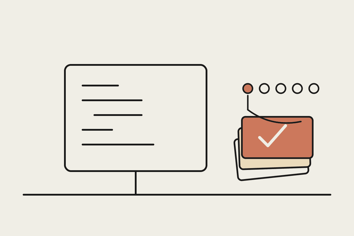 Line illustration of a desk monitor showing code, beside a stack of five ticket cards with the front one marked complete in terracotta