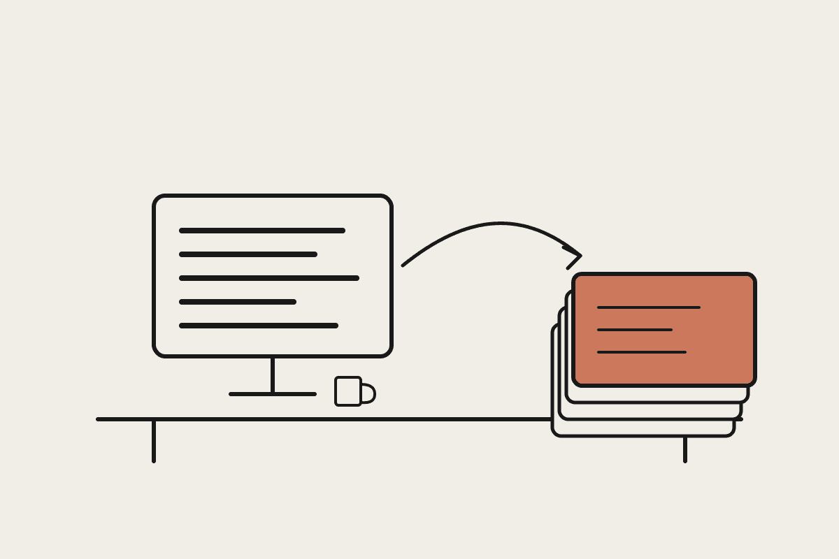 Line illustration of a desk monitor showing code, connected by a curved arrow to a neat stack of configuration cards with the top card filled in terracotta