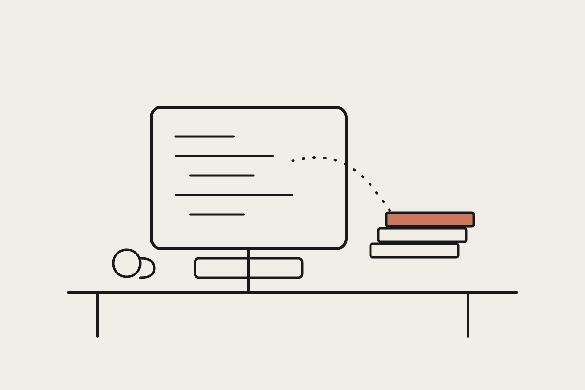 Line illustration of a desk with a monitor showing code, connected to a stack of papers with a terracotta highlight