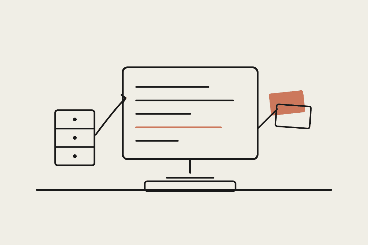Line illustration of a desk with a monitor showing code, connected by an arrow to an old filing cabinet, with a small stack of terracotta output cards to the side