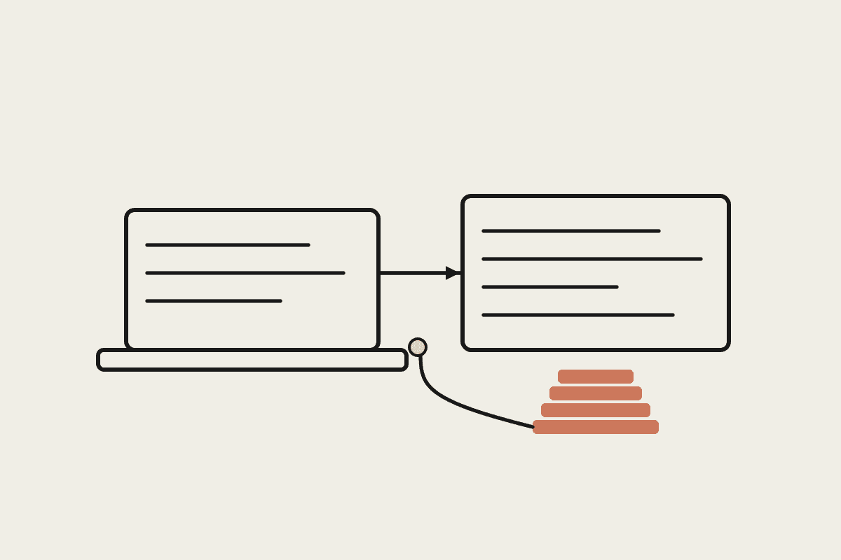 Line illustration of a developer desk with two monitors of code, connected by an arrow to a stack of terracotta audit papers