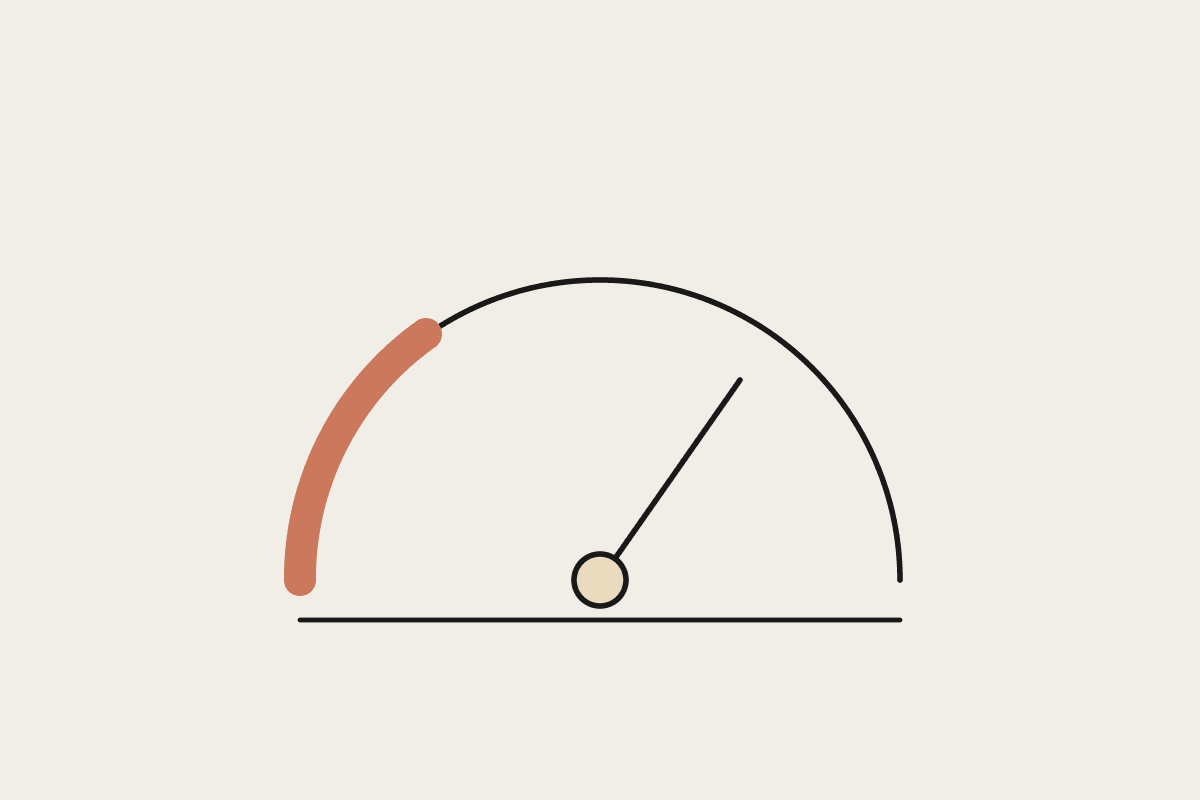 Line illustration of a dial gauge with a terracotta zone marked on the lower arc