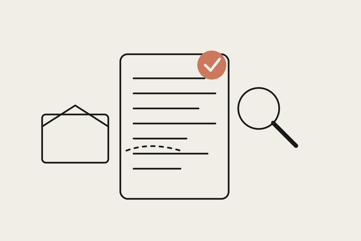 Line illustration of a document being reviewed with a magnifying glass and a terracotta approval stamp