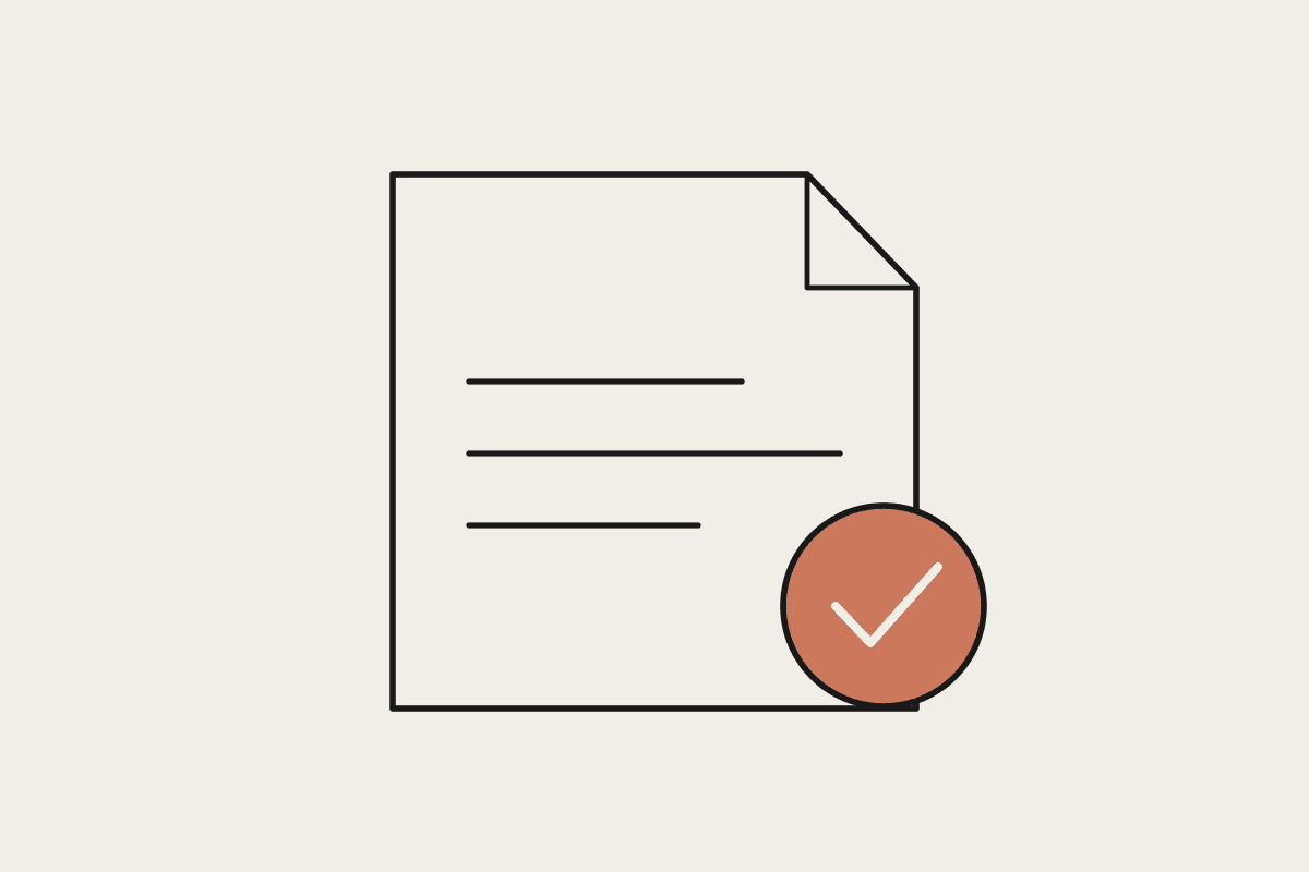 Line illustration of a document beside a large terracotta circle containing a tick