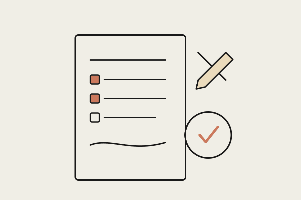 Line illustration of a document with a checklist, a signed flourish, and an approval shield