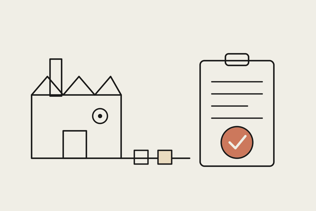 Line illustration of a factory connected by a conveyor belt to a clipboard with a terracotta checkmark, representing HACCP records and export documentation.