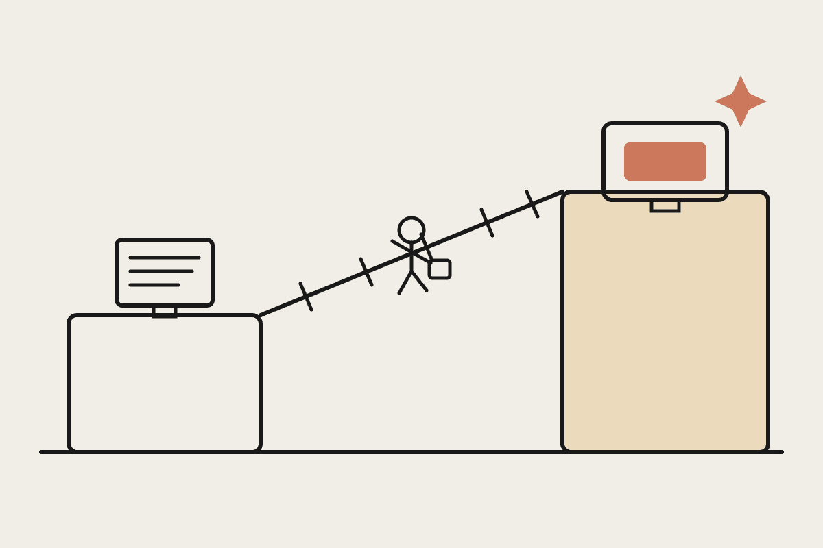 Line illustration of a figure carrying a case across a bridge from a low legacy-code platform to a taller modern platform