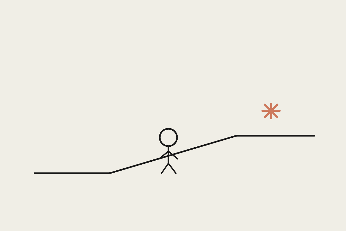 Line illustration of a figure crossing a plank bridge from a low ledge to a higher one, with a terracotta spark at the destination
