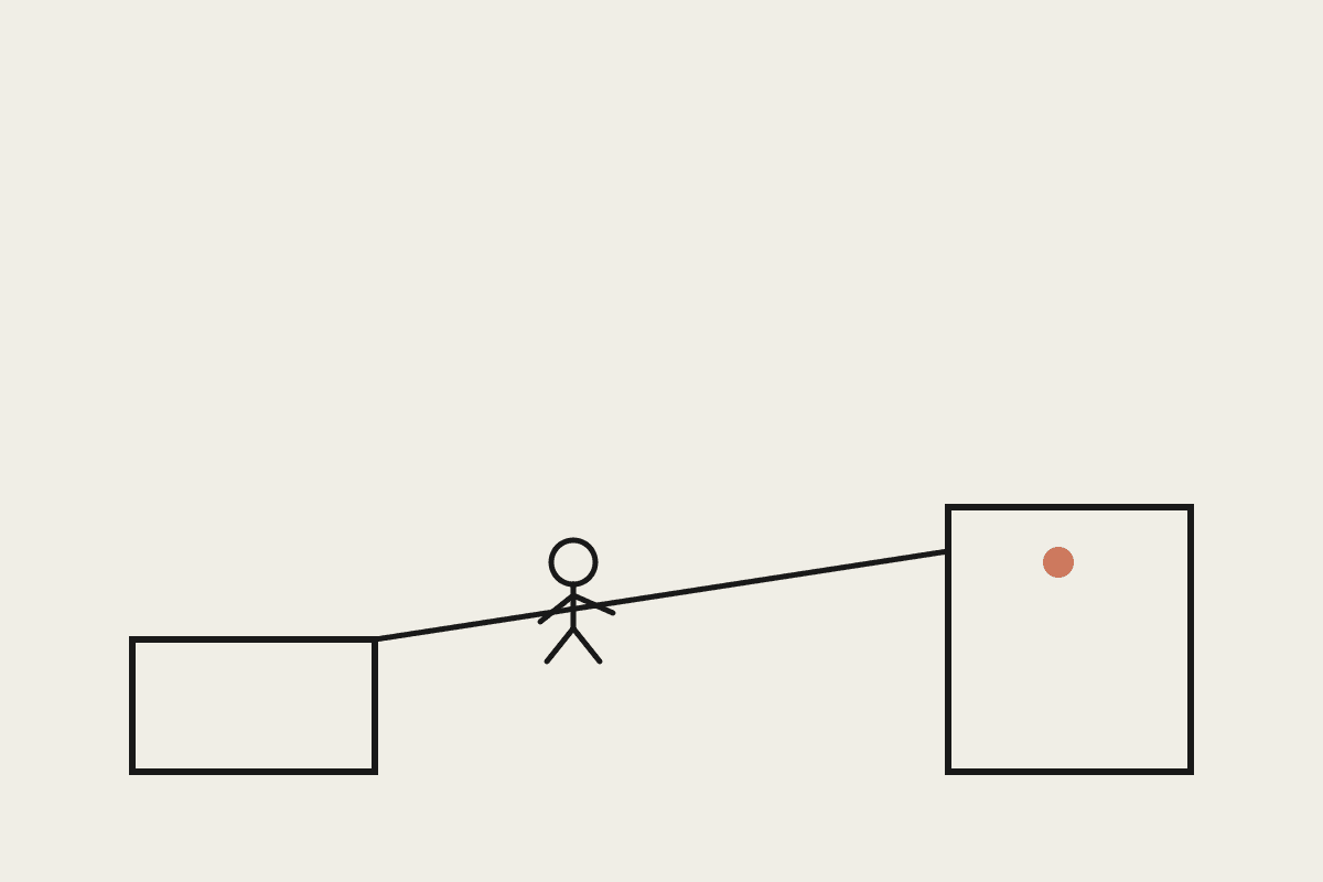 Line illustration of a figure crossing a plank bridge to a higher ledge with a terracotta sparkle at the destination, representing a first small automation win