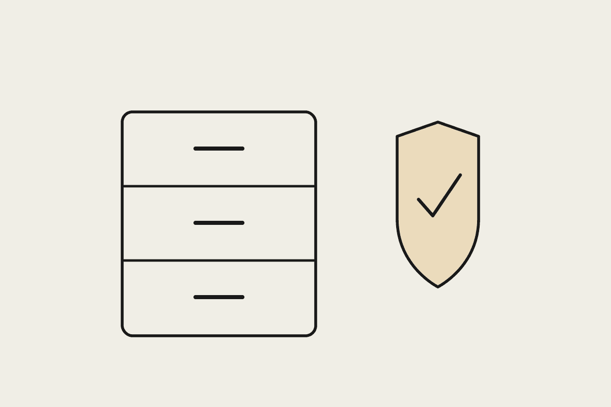 Line illustration of a filing cabinet beside a tan shield bearing a tick