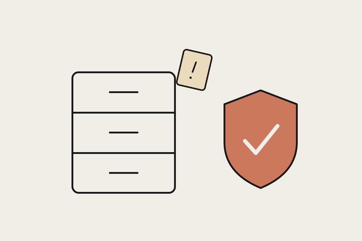 Line illustration of a filing cabinet beside a terracotta shield with a tick, representing protected records