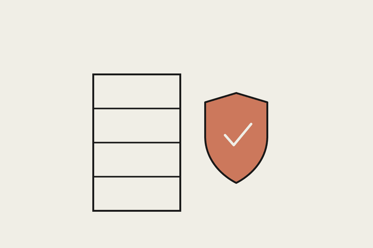 Line illustration of a filing cabinet beside a terracotta shield with a checkmark, representing an inline data-loss-prevention check