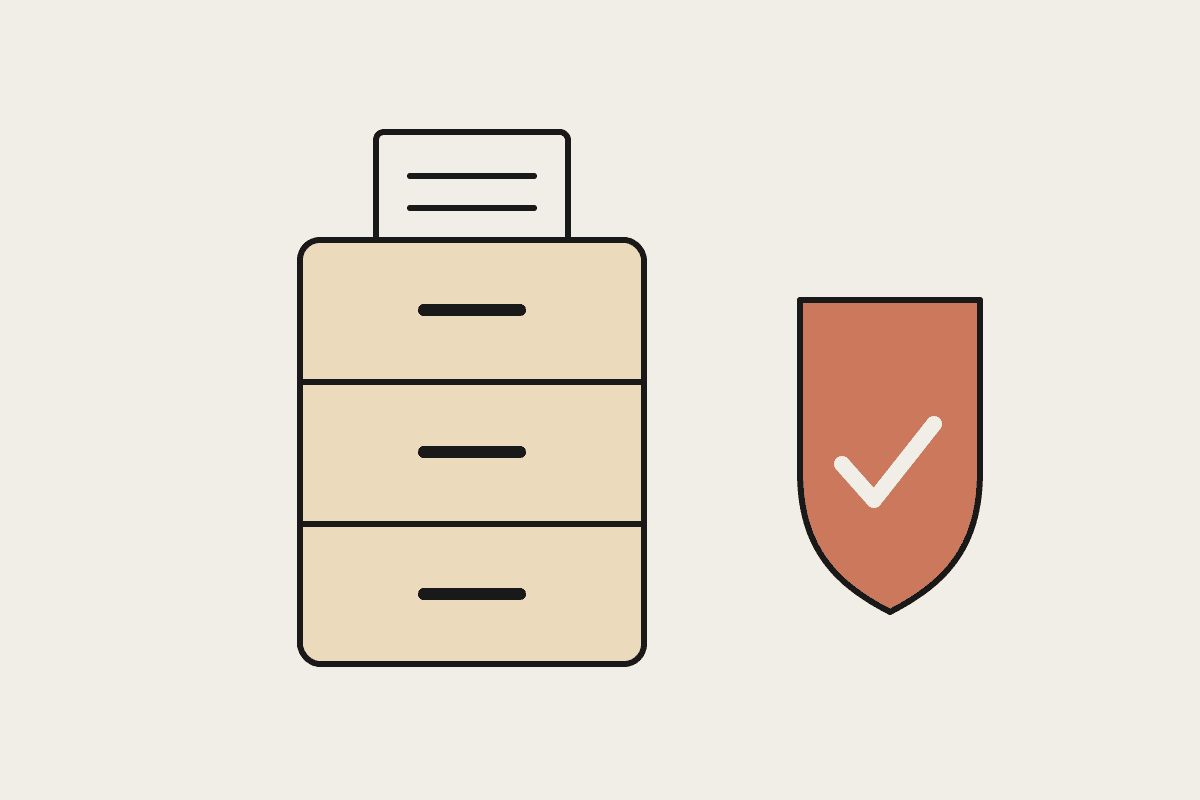 Line illustration of a filing cabinet beside a terracotta shield with a tick, for ASQA audit readiness