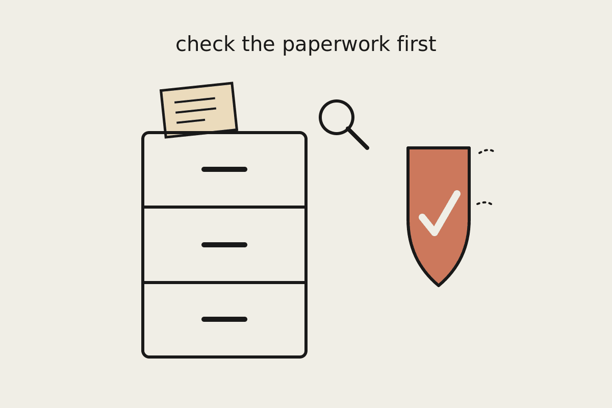 Line illustration of a filing cabinet with a document peeking out beside a terracotta shield containing a checkmark, symbolising AI vendor due diligence.