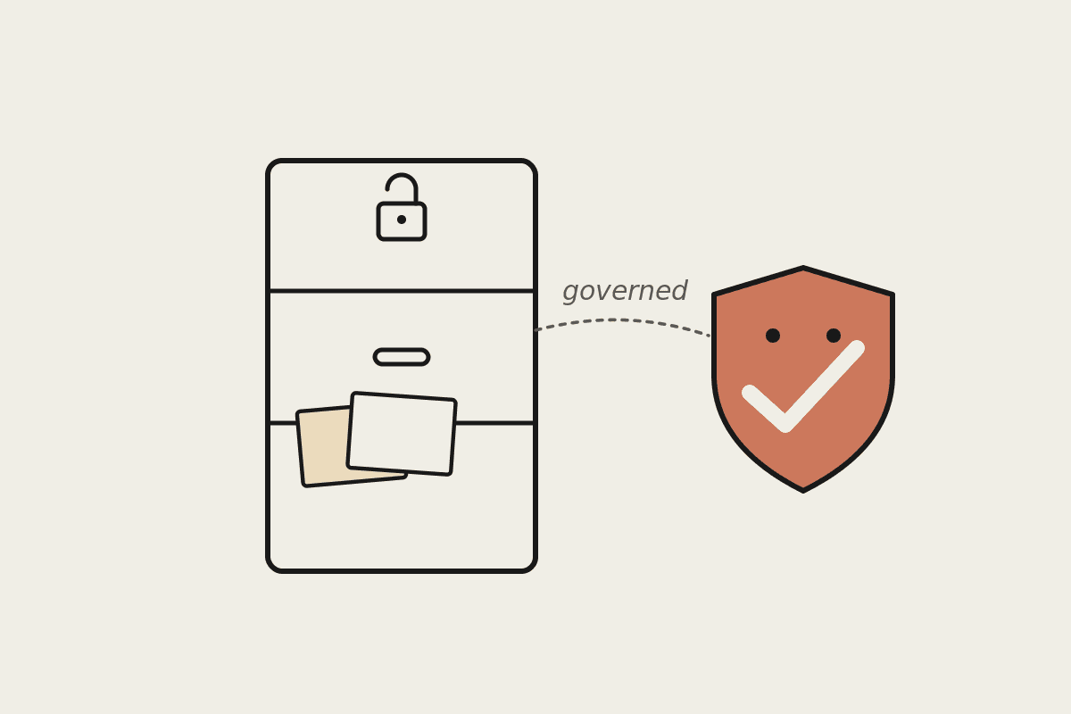 Line illustration of a filing cabinet with an open drawer of documents beside a terracotta shield bearing a checkmark, representing data governance