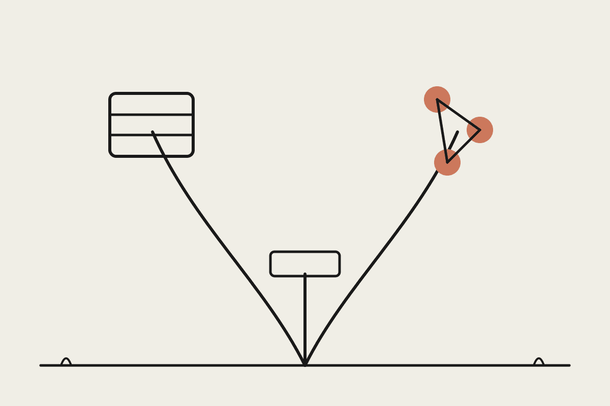 Line illustration of a forked path: one route leads to a CRM filing box, the other to a connected terracotta network of three nodes