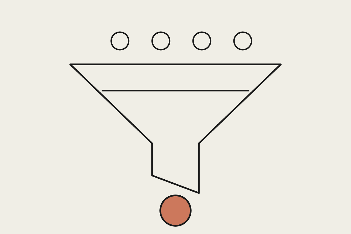 Line illustration of a funnel with items entering the top and one terracotta item emerging below