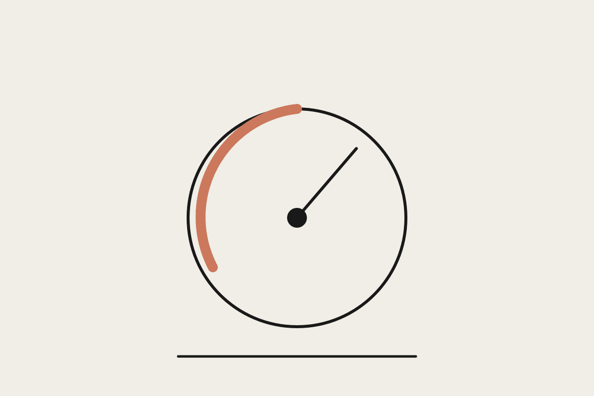 Line illustration of a gauge dial with a terracotta safe-zone arc, representing a default setting dialled to a governed level