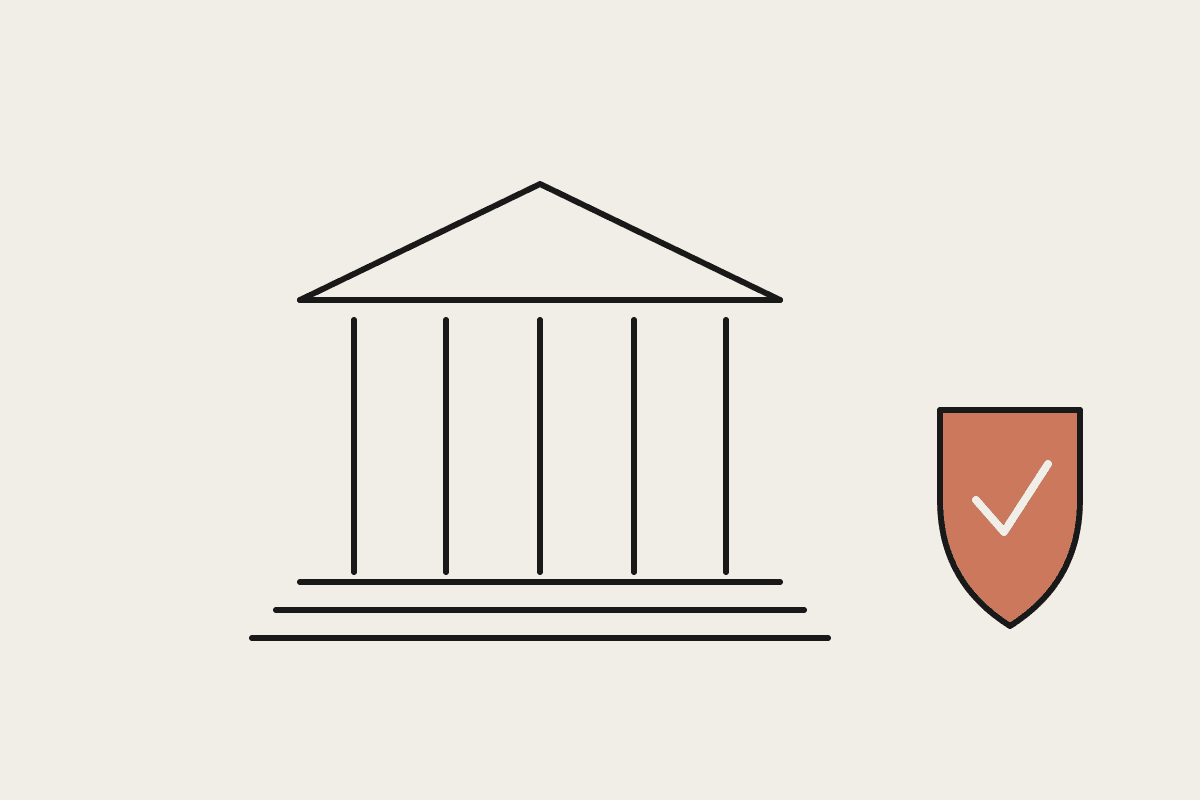 Line illustration of a government building beside a terracotta security shield with a tick