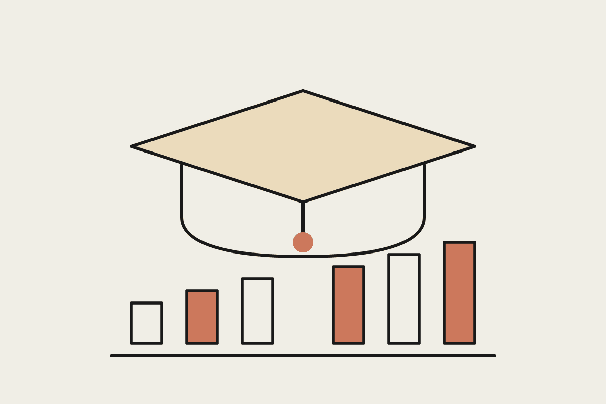 Line illustration of a graduation cap above a rising bar chart, with alternate bars filled terracotta to suggest habits compounding over time.