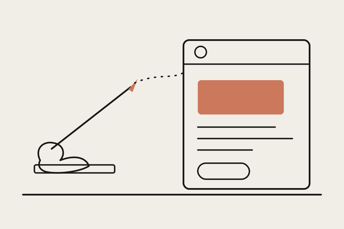 Line illustration of a hand sketching with a pencil that turns into a terracotta UI wireframe panel