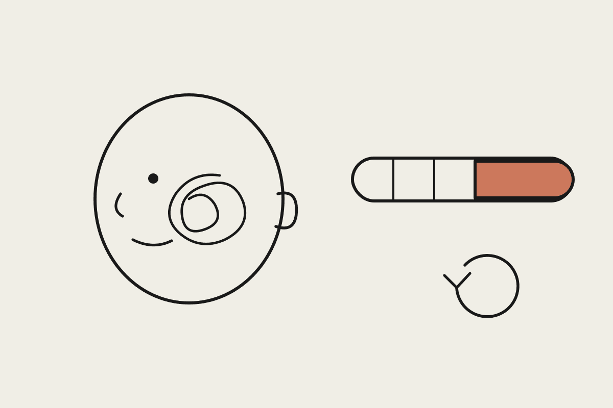 Line illustration of a head with a tangled scribble of thoughts inside it next to a token meter bar that turns terracotta past a threshold, with a reset arrow icon beside it