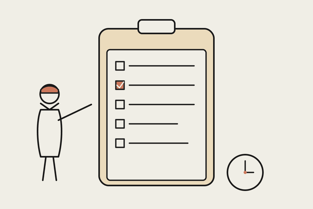 Line illustration of a hi-vis worker beside a clipboard with a checked timesheet box and a clock, representing labour hire timesheet compliance.