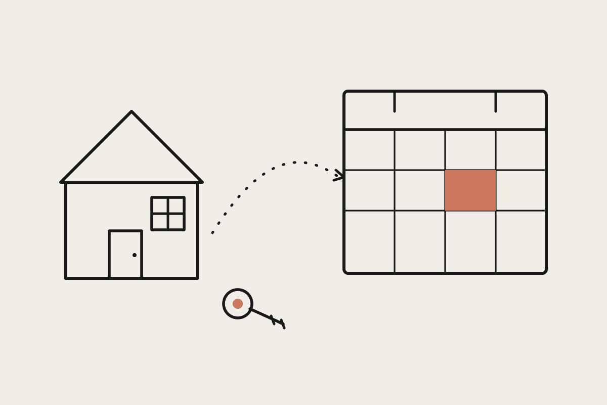 Line illustration of a holiday rental cottage linked to a turnover calendar with one changeover date highlighted in terracotta