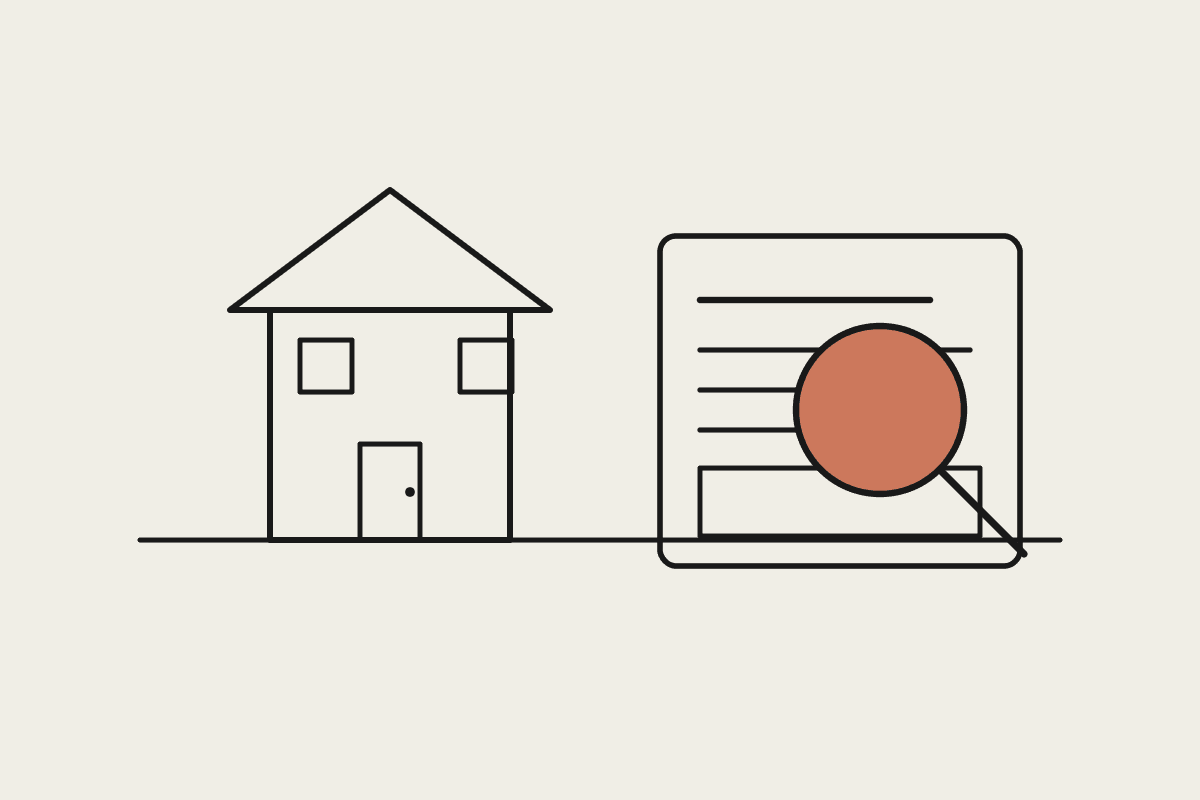 Line illustration of a house beside a property listing card being reviewed through a terracotta magnifying glass