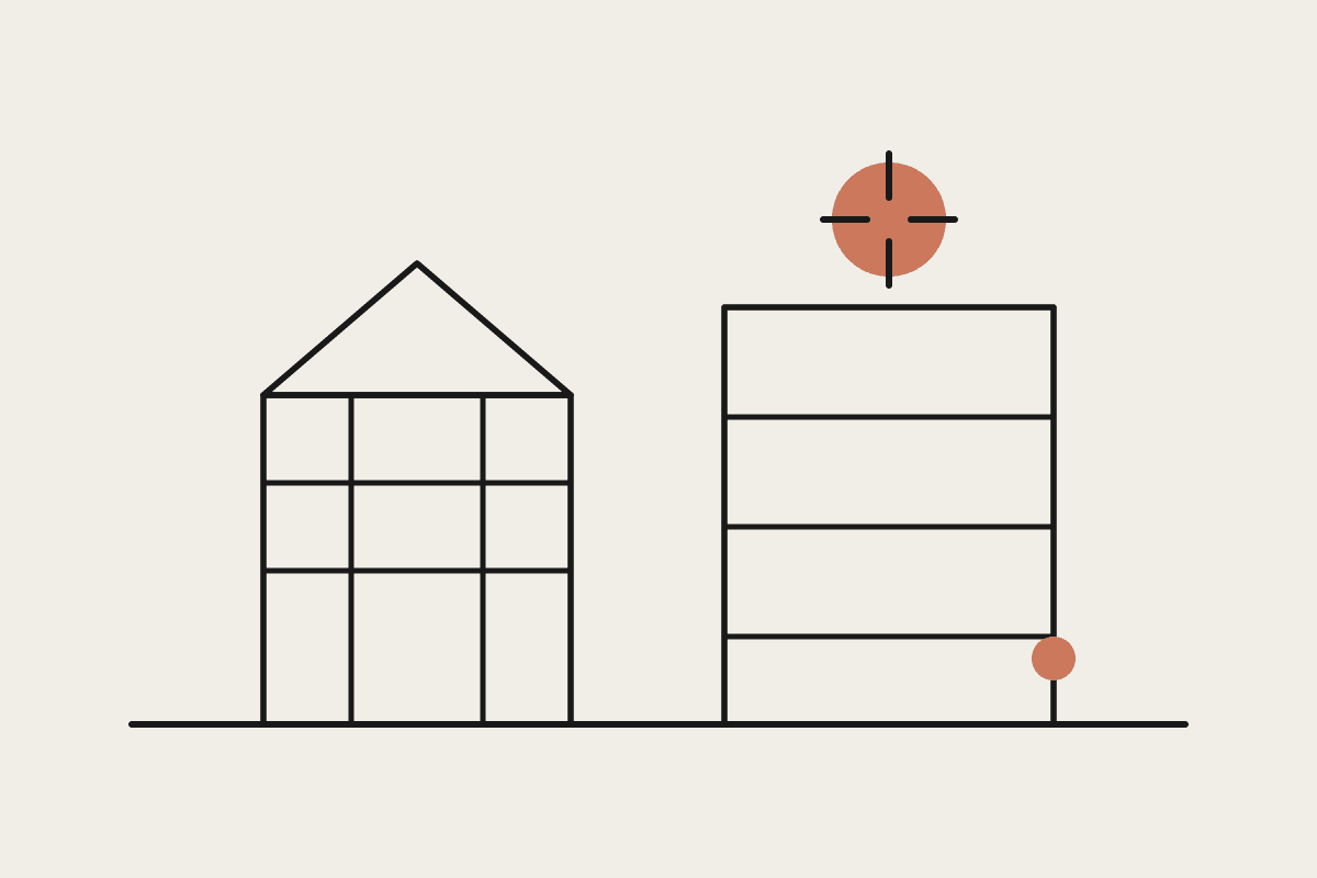 Line illustration of a house frame and an office building with a terracotta gear between them