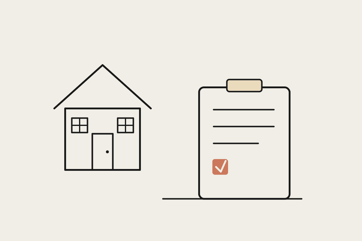 Line illustration of a house next to a compliance checklist with a terracotta tick