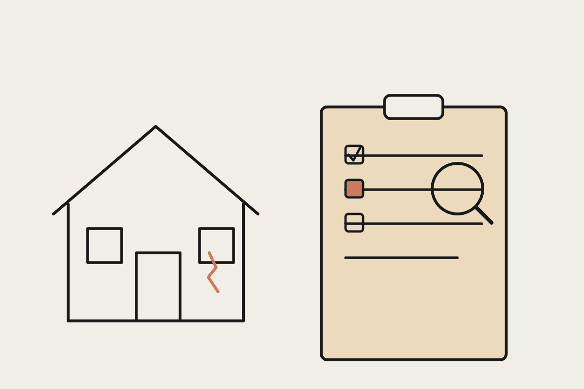 Line illustration of a house with a flagged crack beside a clipboard defect checklist under a magnifying glass