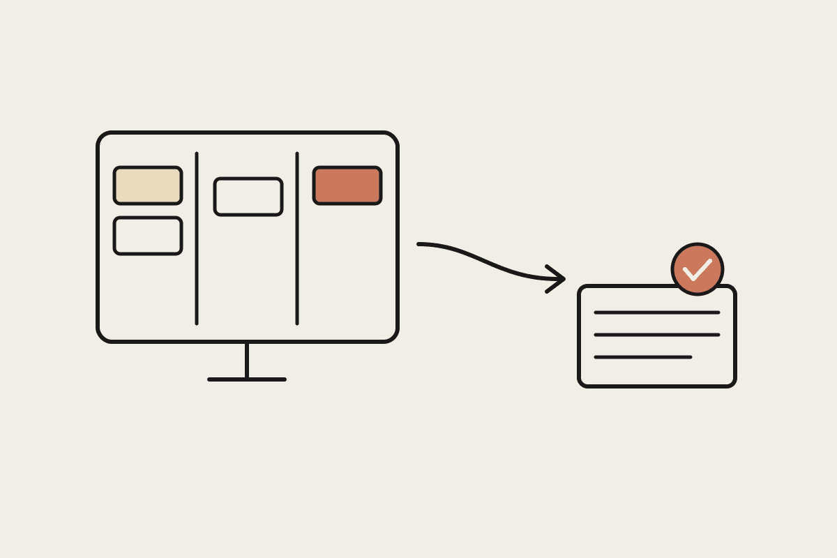 Line illustration of a Karbon kanban board on a monitor flowing into a completed work tray with a terracotta tick