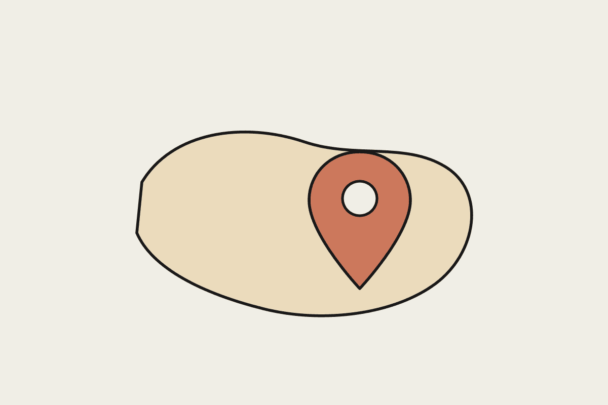 Line illustration of a landmass outline with a terracotta location pin placed on it