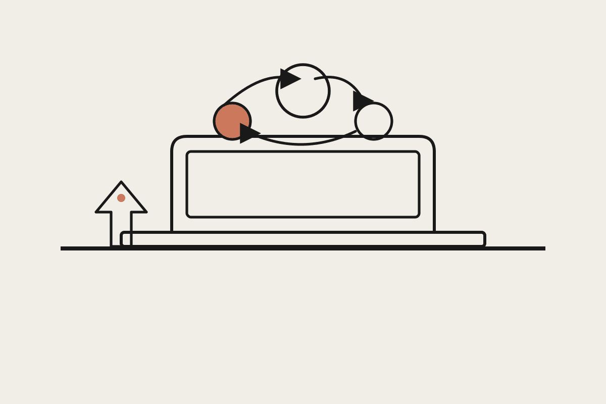 Line illustration of a laptop screen with three connected circles above it, one filled terracotta, and a location pin beside the desk, representing a Claude Cowork setup being configured.