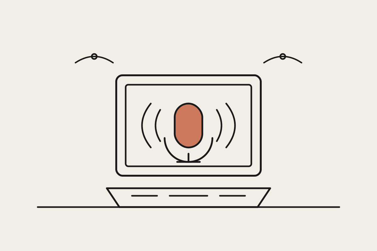 Line illustration of a laptop with a terracotta microphone icon on screen and soundwave lines, representing voice AI dictation