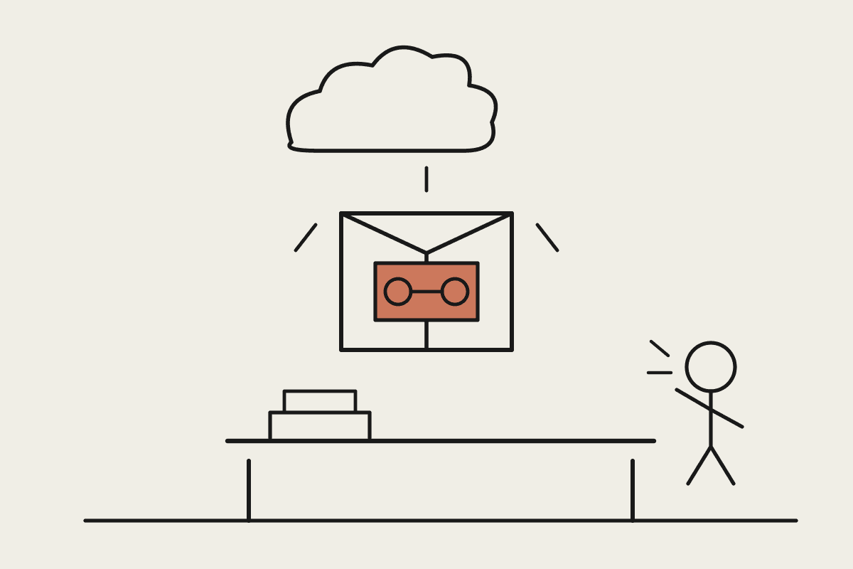 Line illustration of a large box labelled with a weight symbol falling from a cloud toward a small desk, with a person startled beside it