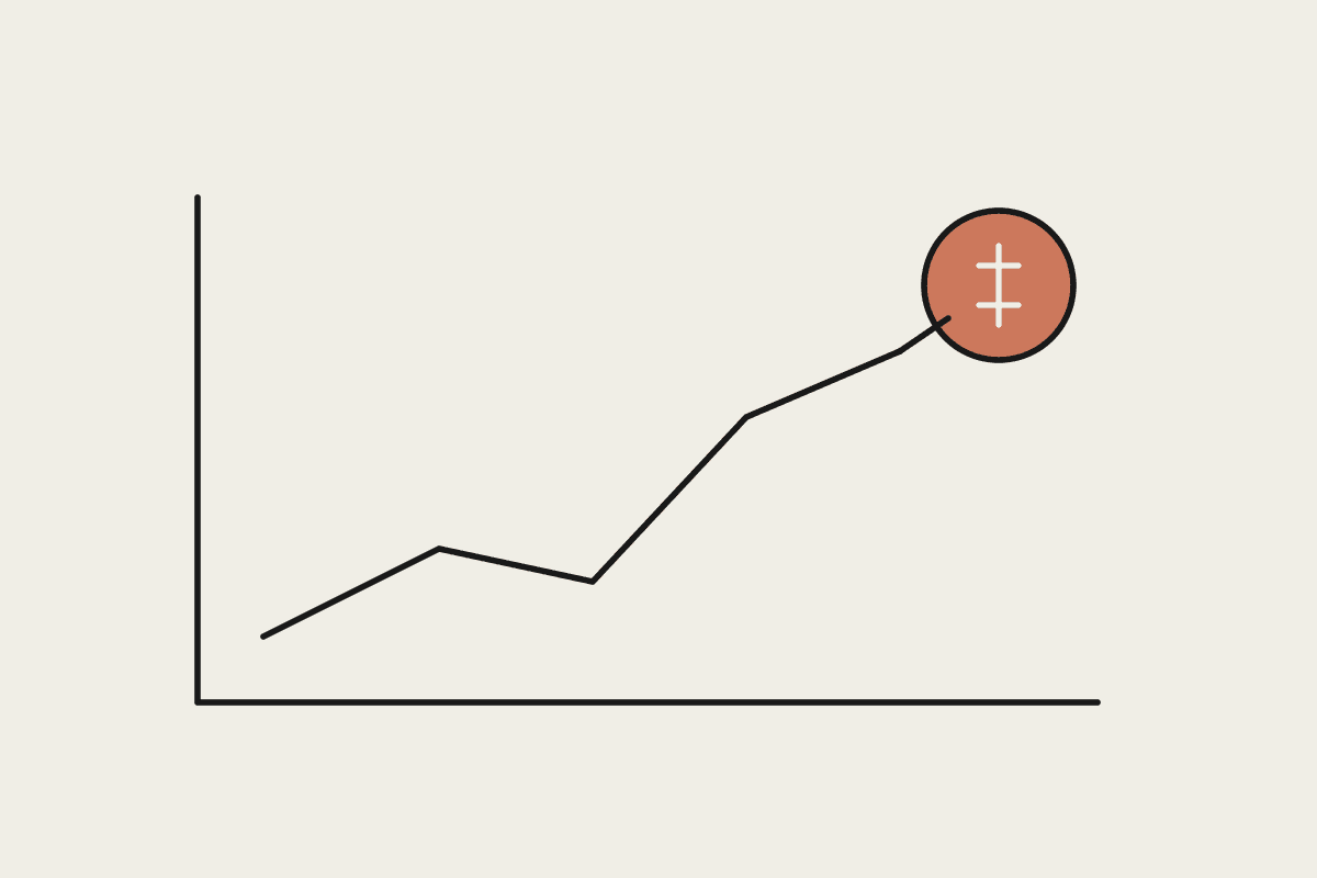 Line illustration of a line chart rising toward a terracotta coin