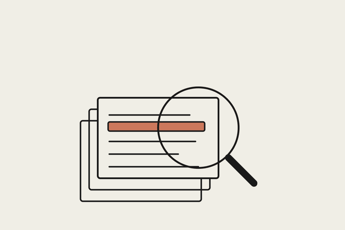 Line illustration of a magnifying glass highlighting one line in a stack of documents
