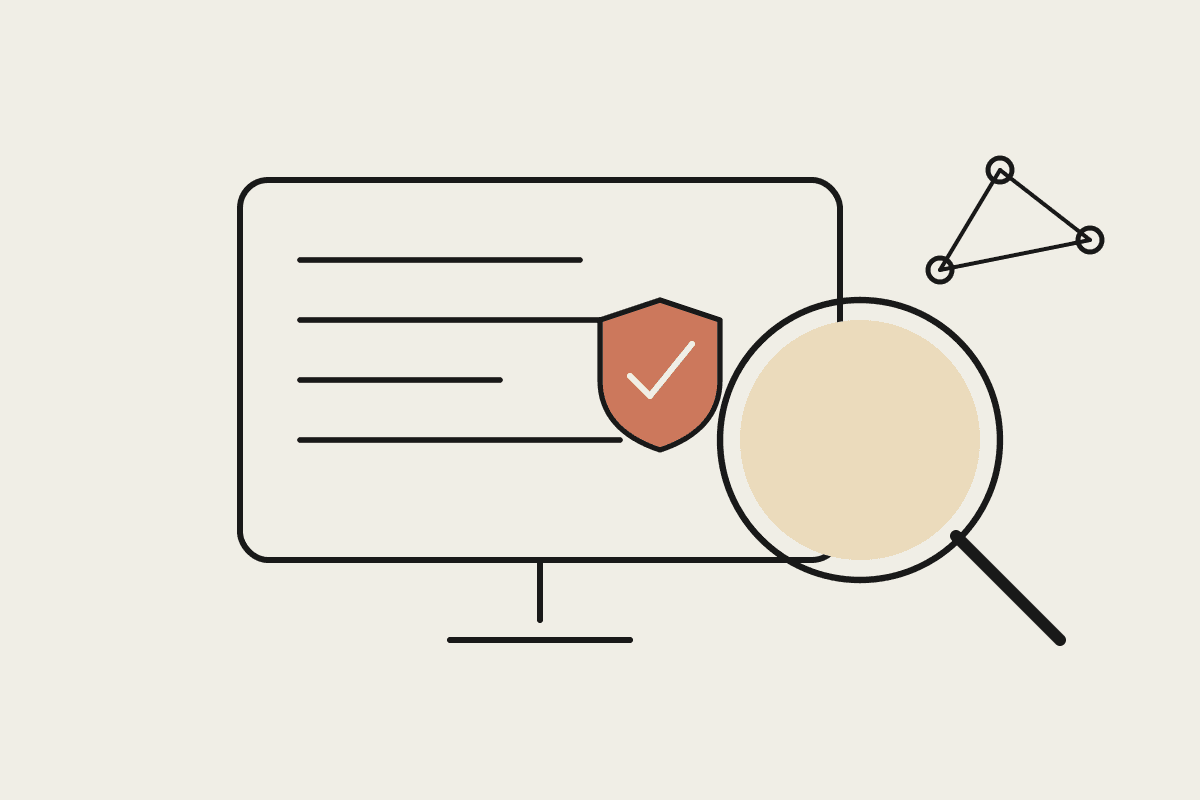 Line illustration of a magnifying glass inspecting a computer screen with a small terracotta shield icon, representing an AI cyber investigation agent tracing a network of connected threats.
