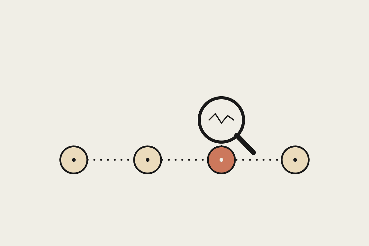 Line illustration of a magnifying glass inspecting one node in a chain of connected circles, representing tracing an agent run