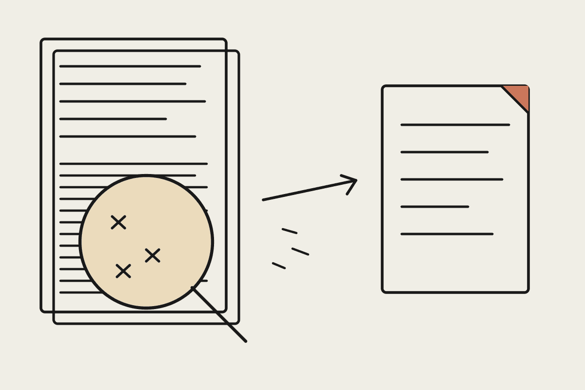 Line illustration of a magnifying glass trimming a crowded, overstuffed document down into a clean version with a terracotta corner fold