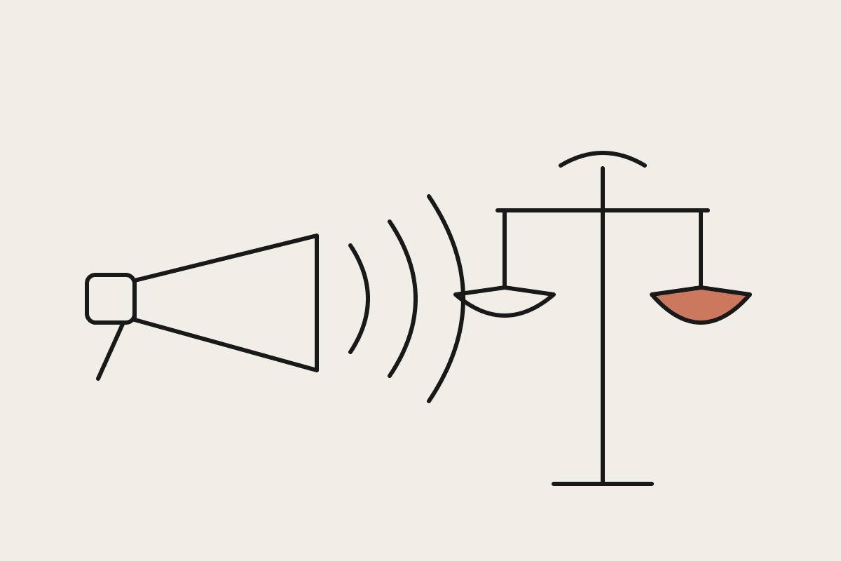 Line illustration of a megaphone facing a set of balance scales, one scale pan filled in terracotta