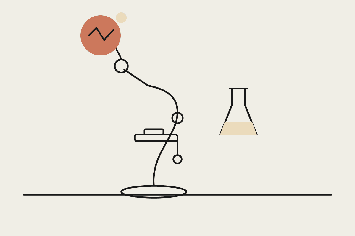 Line illustration of a microscope beside a flask, with a terracotta idea bubble rising from the eyepiece