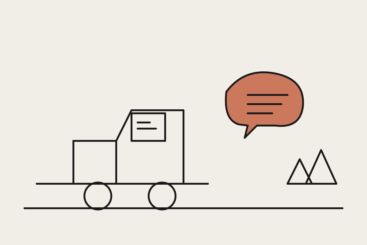 Line illustration of a mining haul truck with a terracotta speech bubble containing checklist marks above it, hills in the background