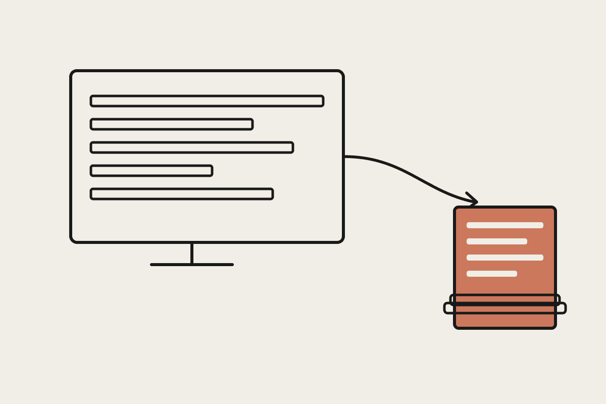 Line illustration of a monitor showing code, feeding an arrow into a terracotta stack of runbook documents
